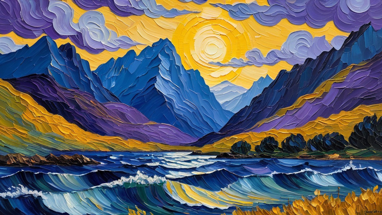 Impasto Painting of Sun, Mountains, and Water