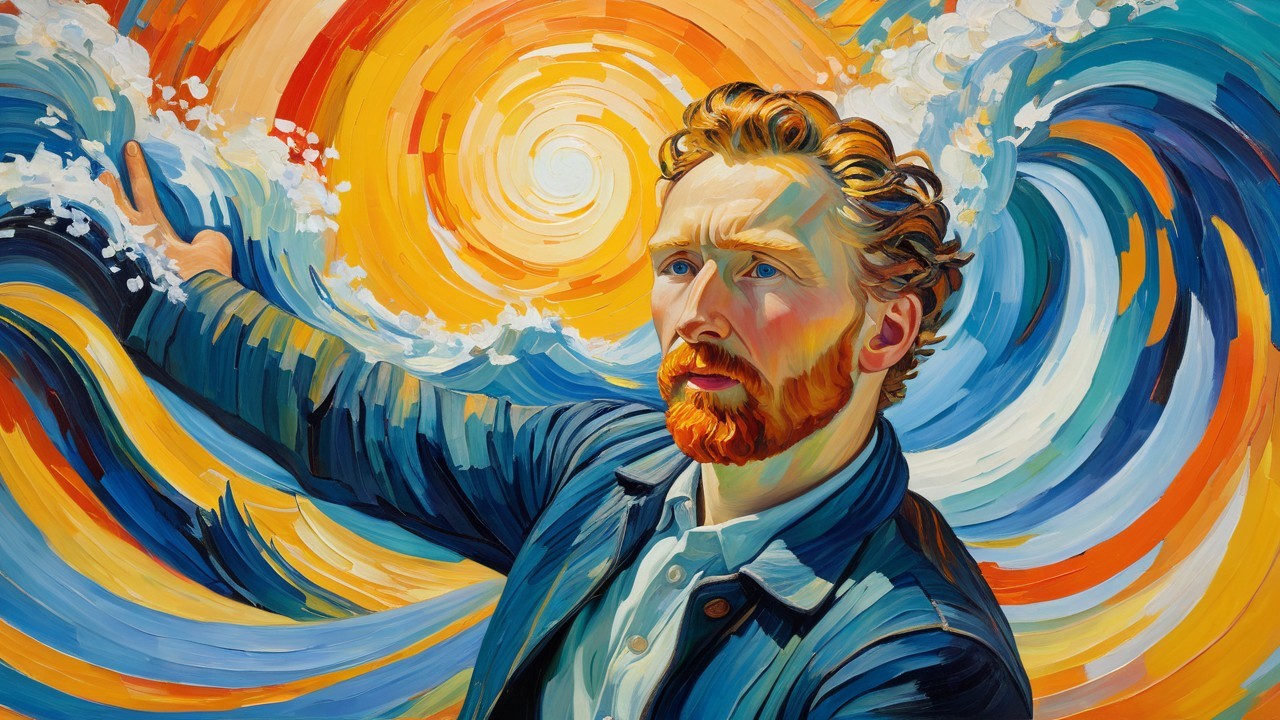 Vibrant Self-Portrait with Dynamic Colorful Vortex