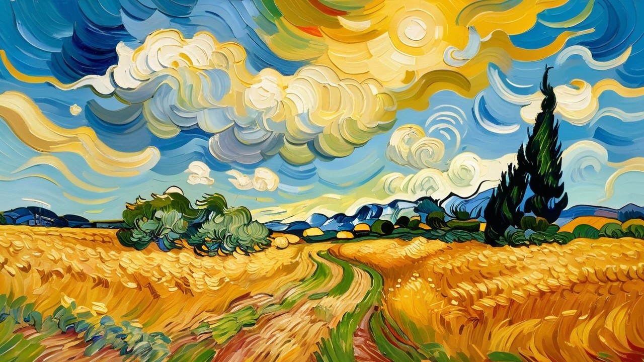 Vibrant Landscape with Golden Fields and Dynamic Sky