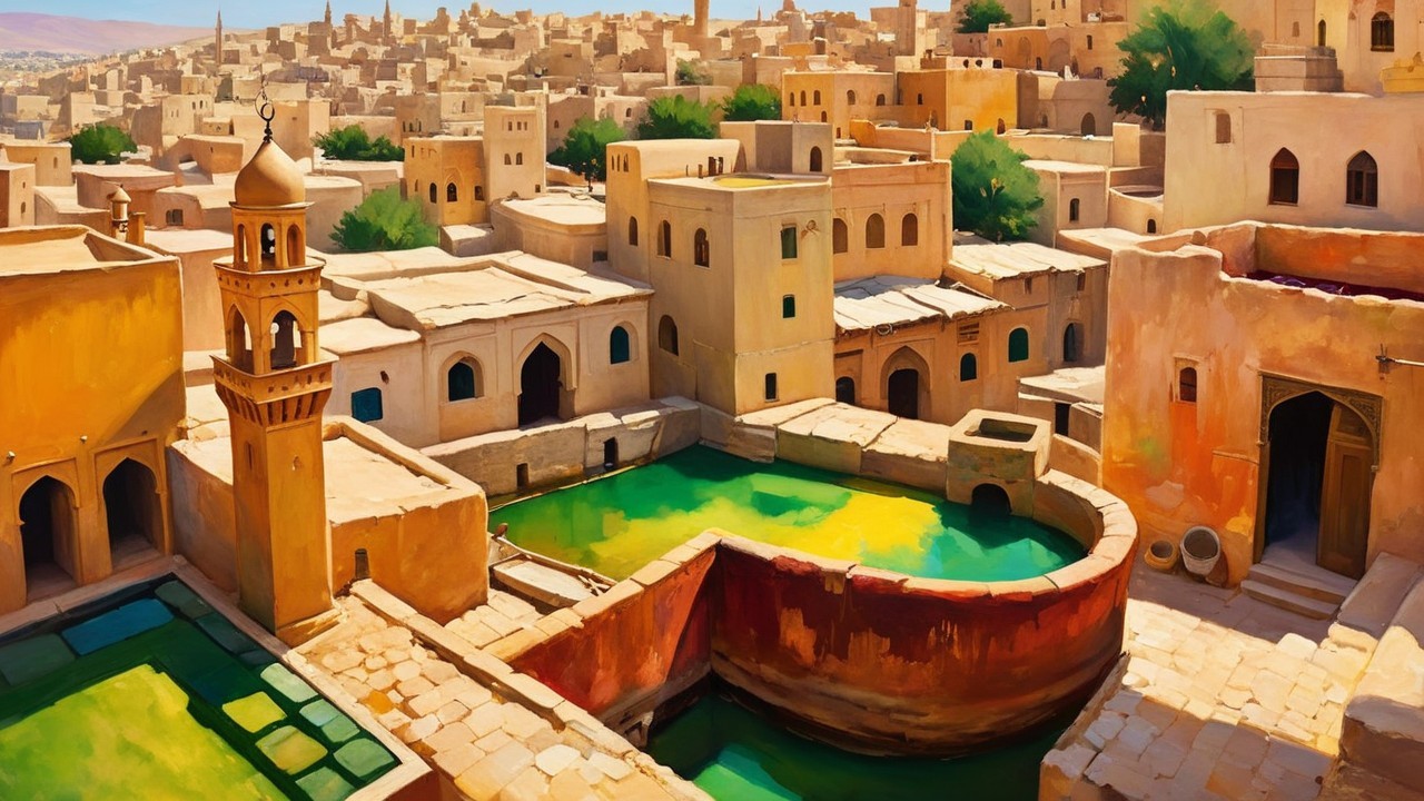 Vibrant Cityscape with Traditional Architecture and Pool