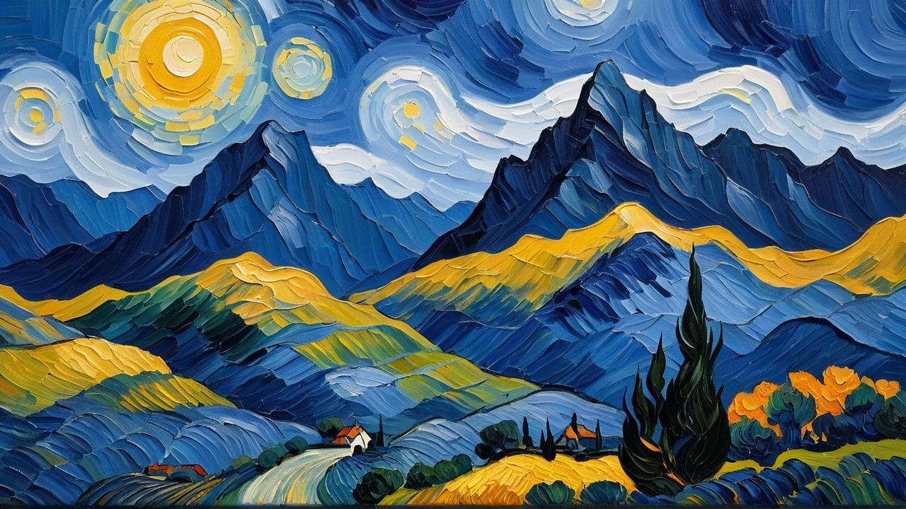 Vibrant Landscape with Swirling Night Sky and Mountains