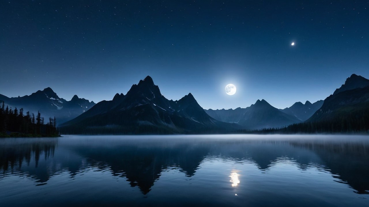 Tranquil Lake Night Scene with Starry Sky and Mountains