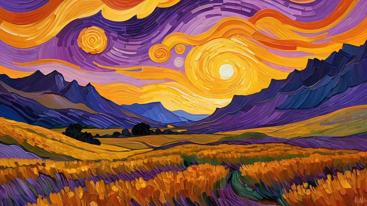 Vibrant textured painting of a mountainous landscape