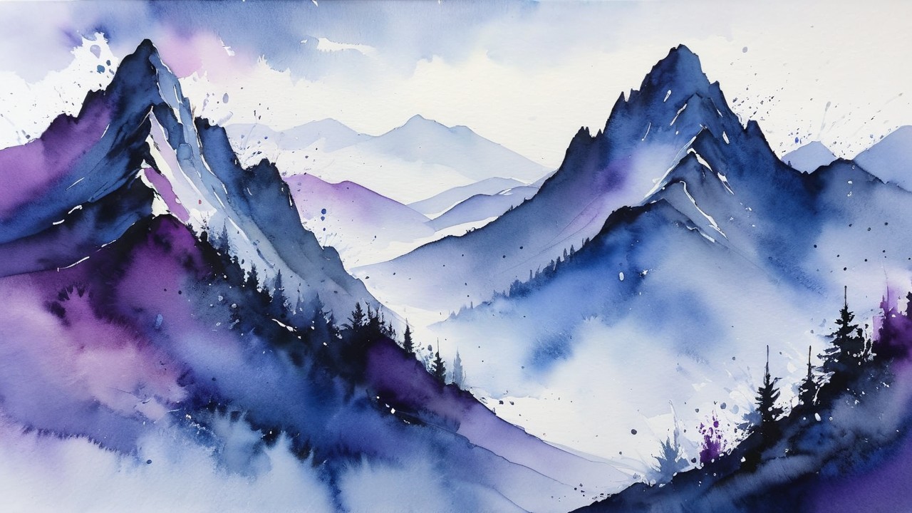 Watercolor Landscape of Majestic Purple and Blue Mountains