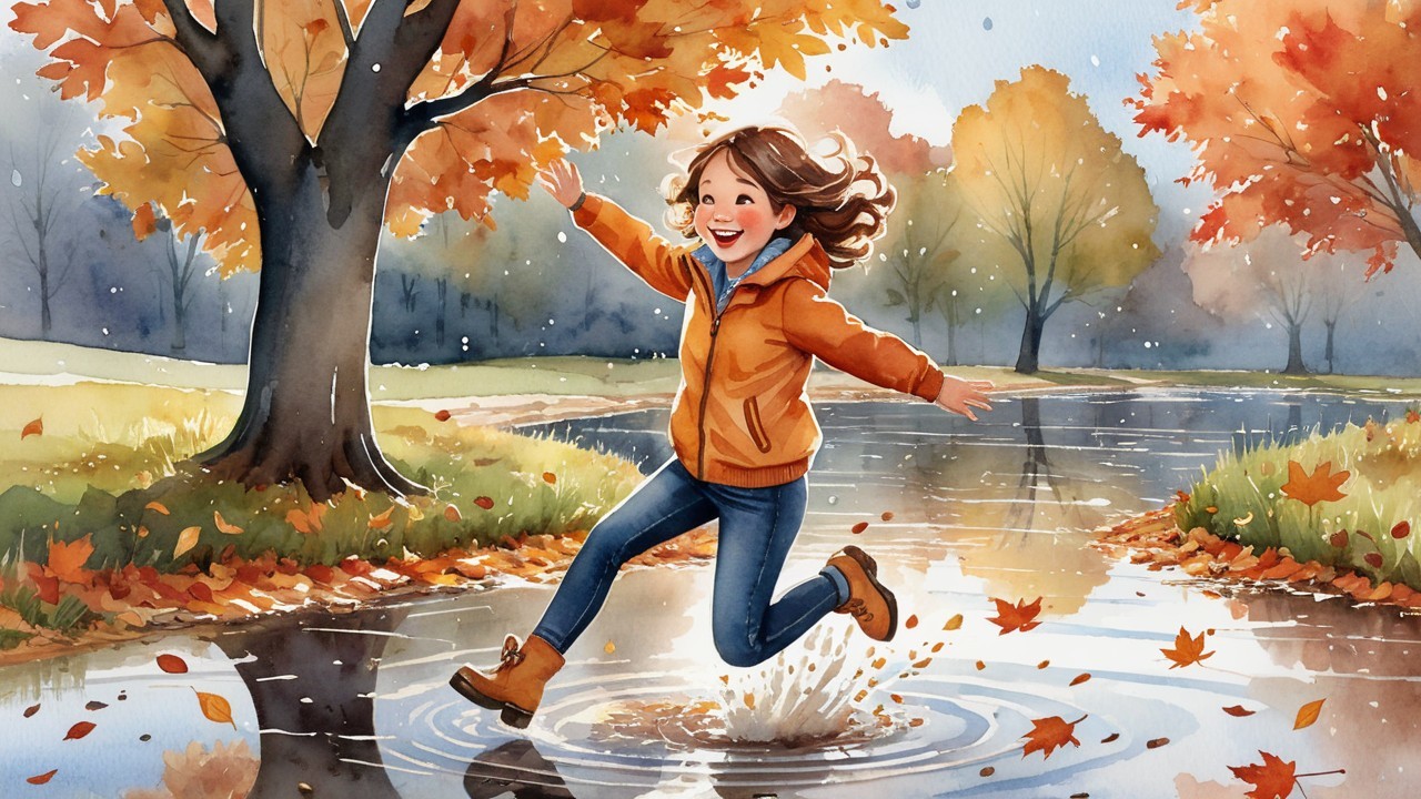 Joyful girl in orange jacket splashes in rain puddles