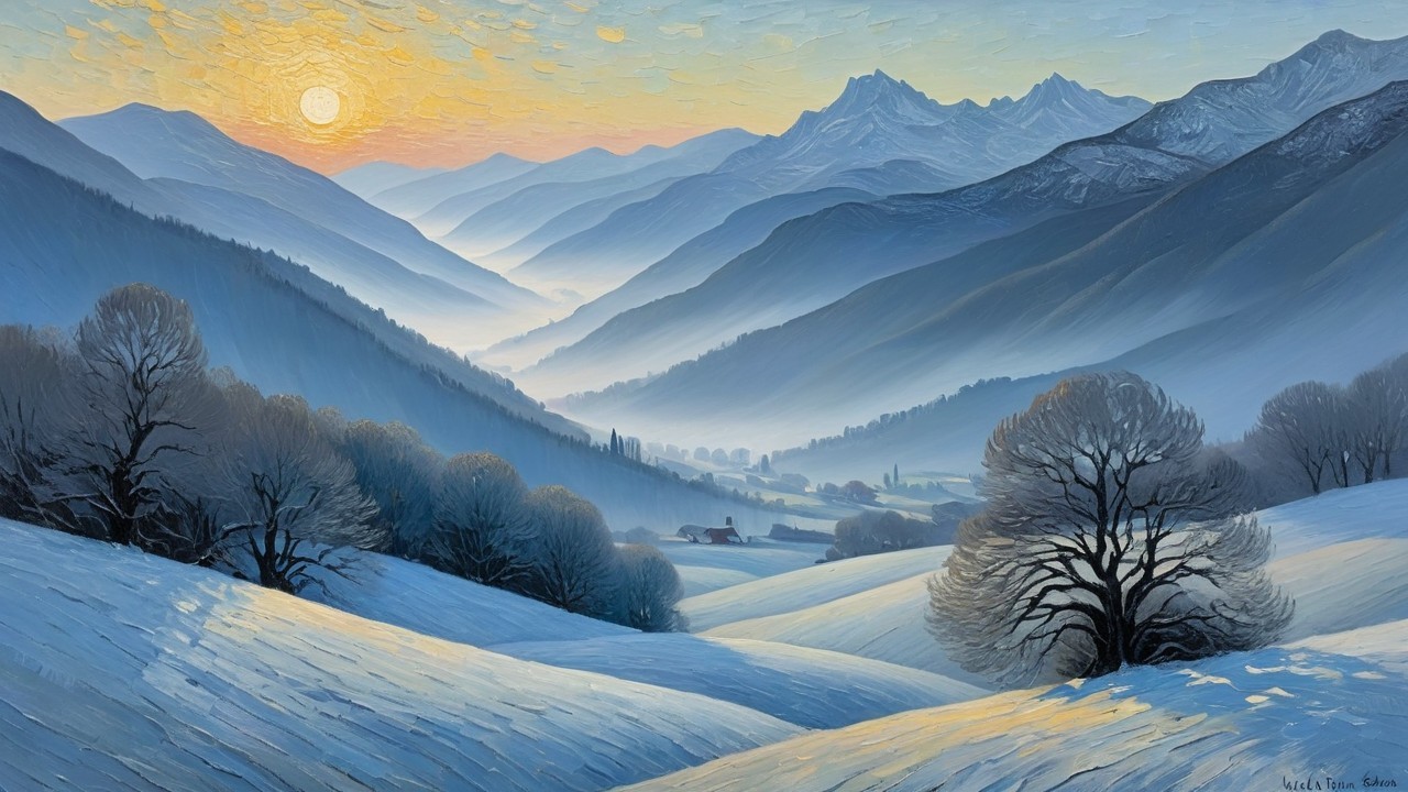 Serene Winter Landscape with Snow-Covered Hills