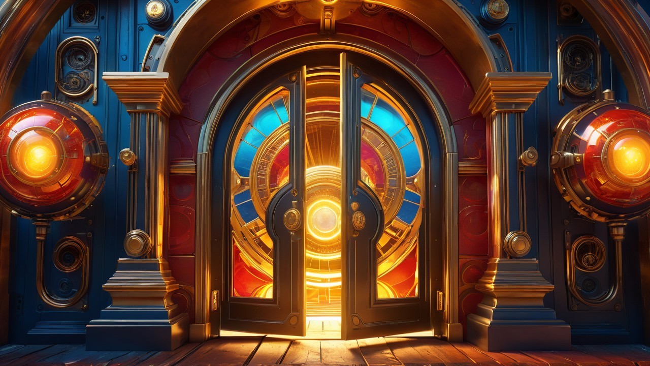 Ornate Entrance with Double Doors and Vibrant Lighting