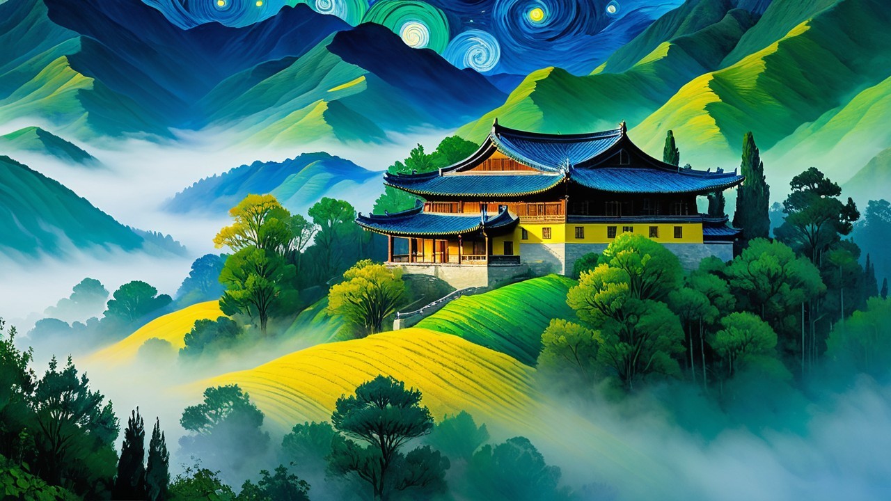 Vibrant Digital Painting of a Temple in Misty Hills