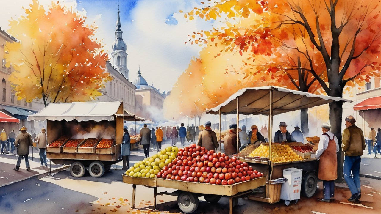 Autumn Market Scene with Colorful Fruit Stalls