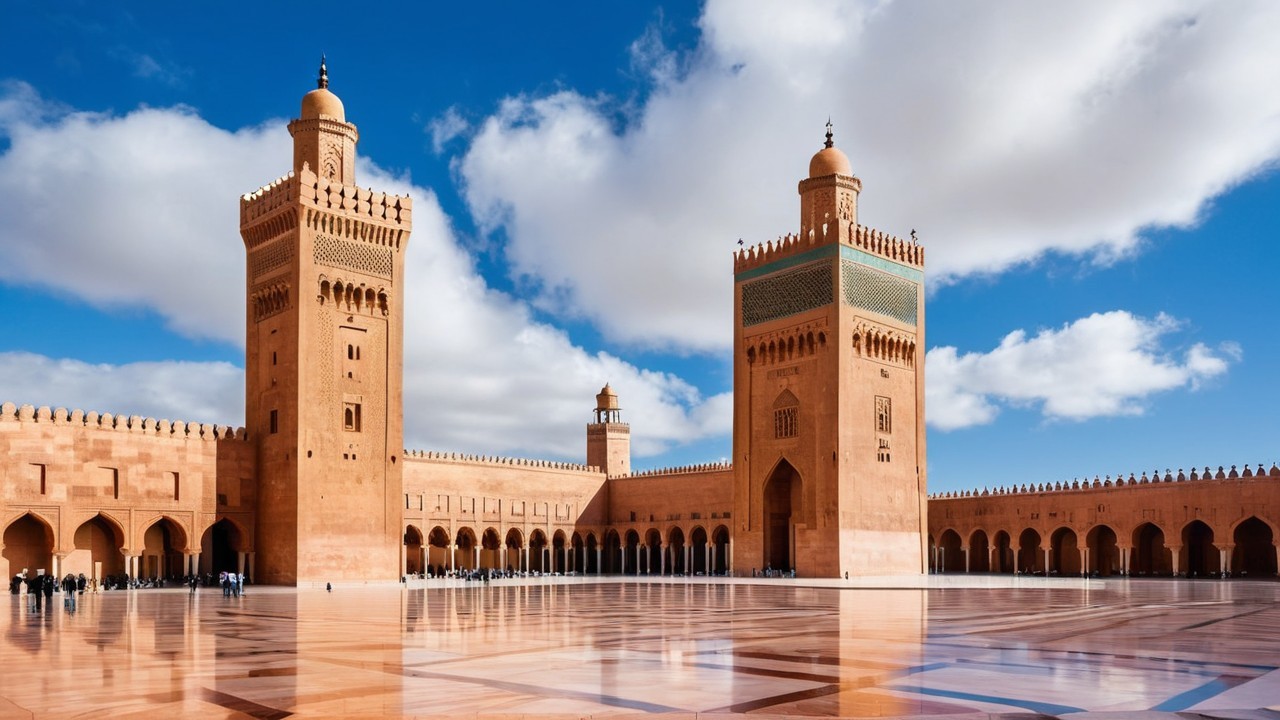 Architectural Site with Towers and Blue Sky Background