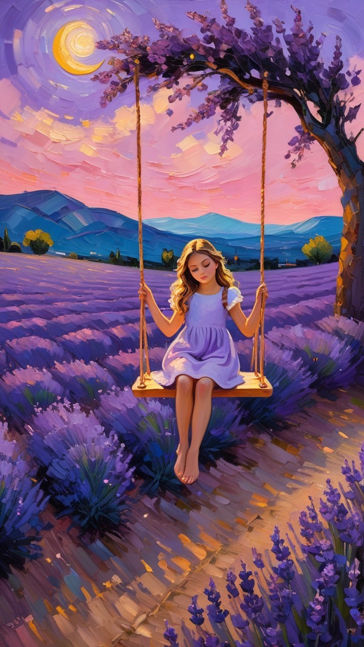Young girl on swing in lavender field at sunset