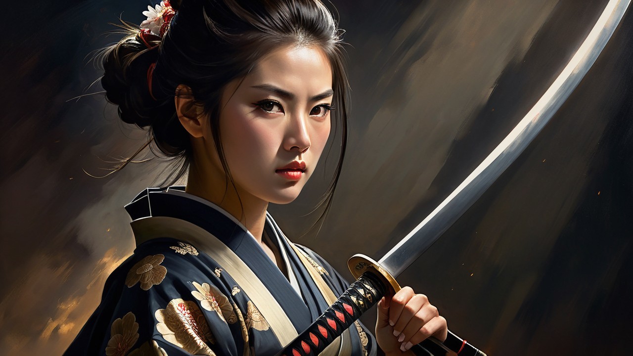 Fierce Female Warrior with Katana in Dark Kimono