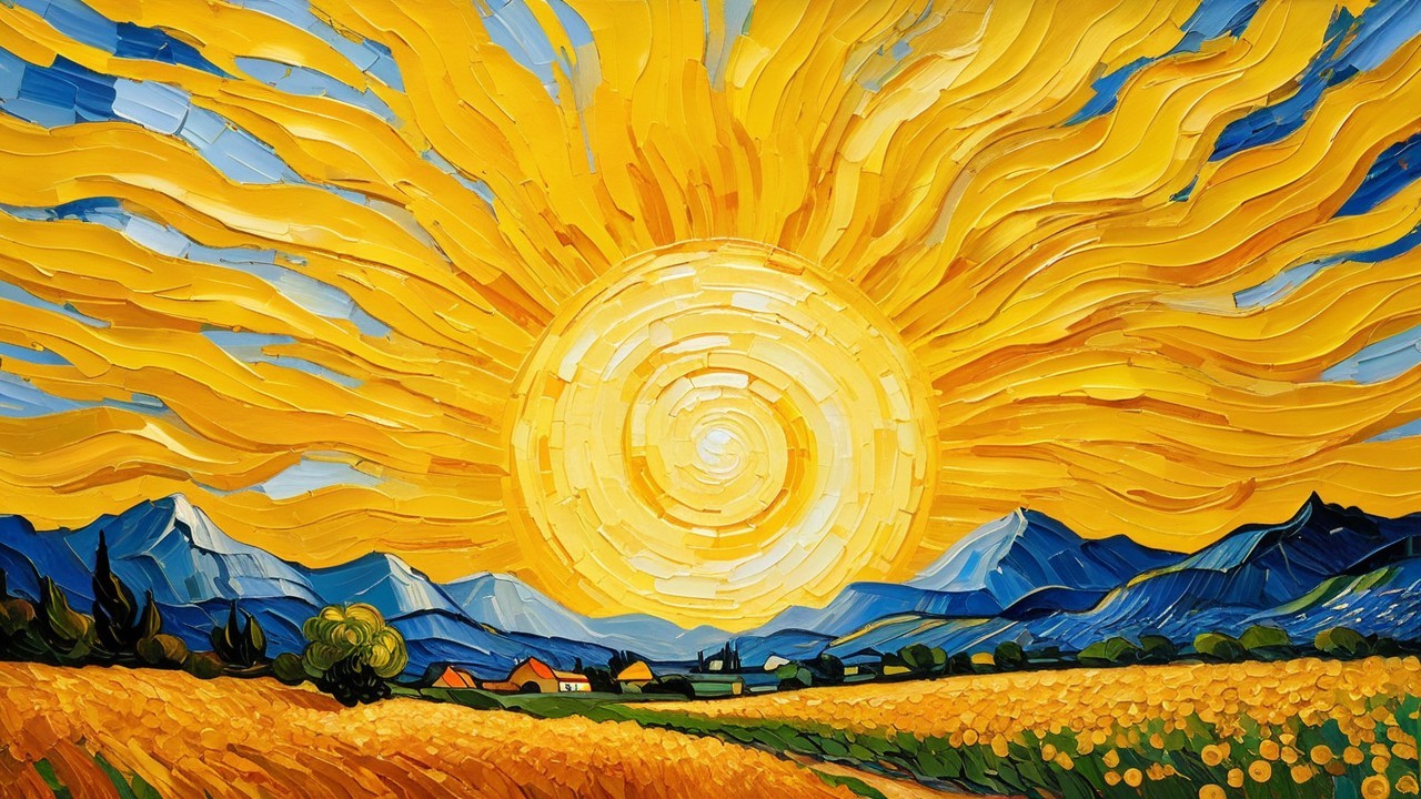 Vibrant Sun and Golden Flowers in Serene Landscape