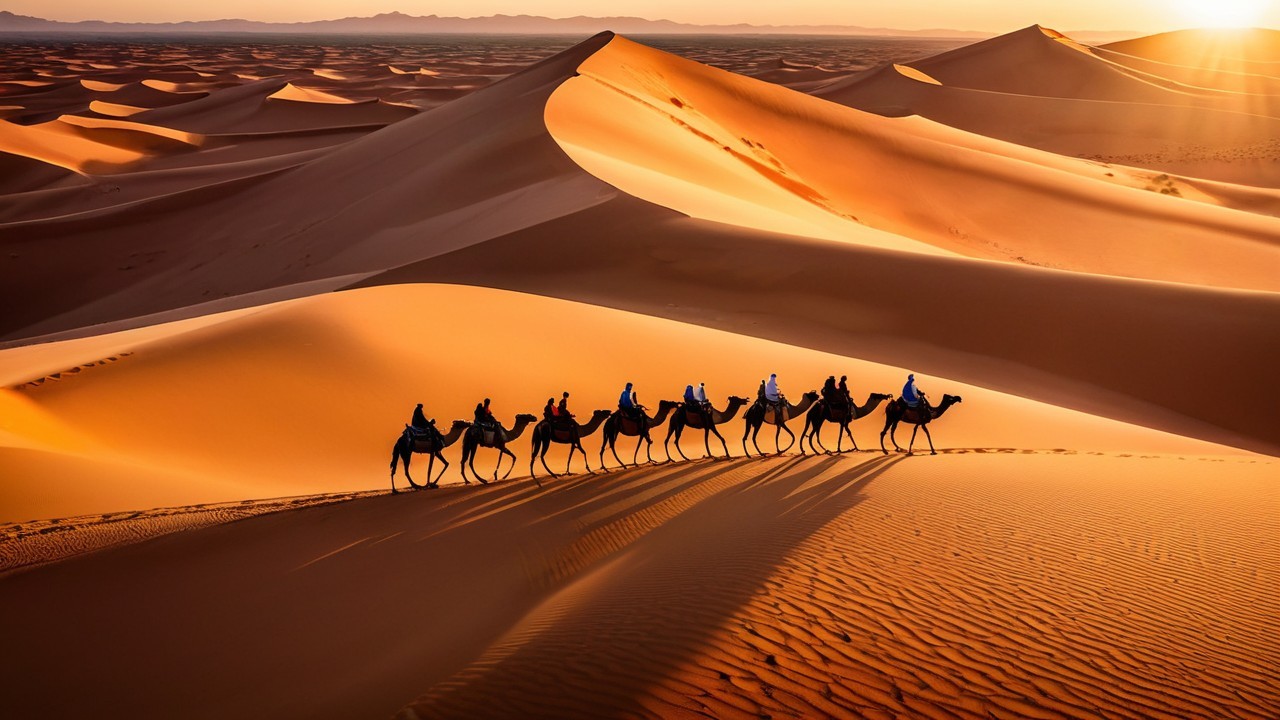 Camels with riders crossing golden desert sands at sunset