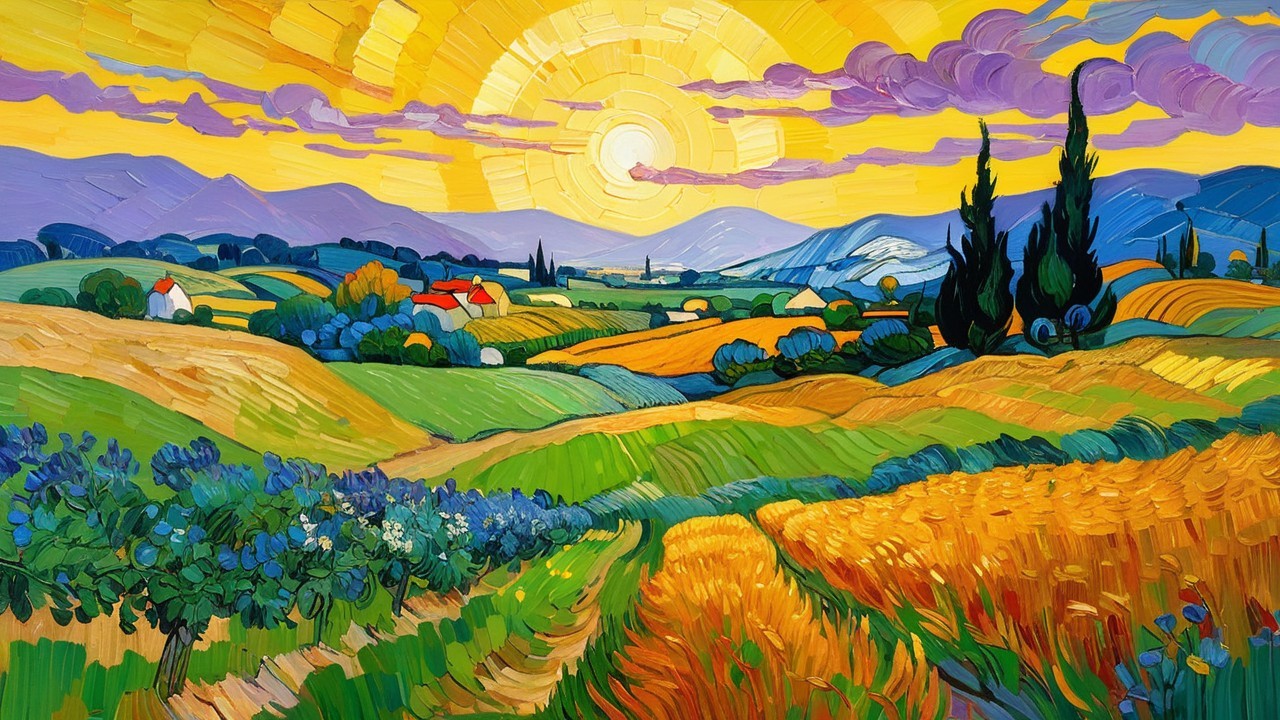 Vibrant Landscape of Wheat Fields and Vineyards