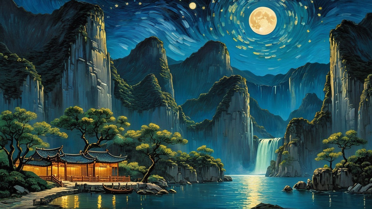 Digital Painting of an Asian Landscape at Night