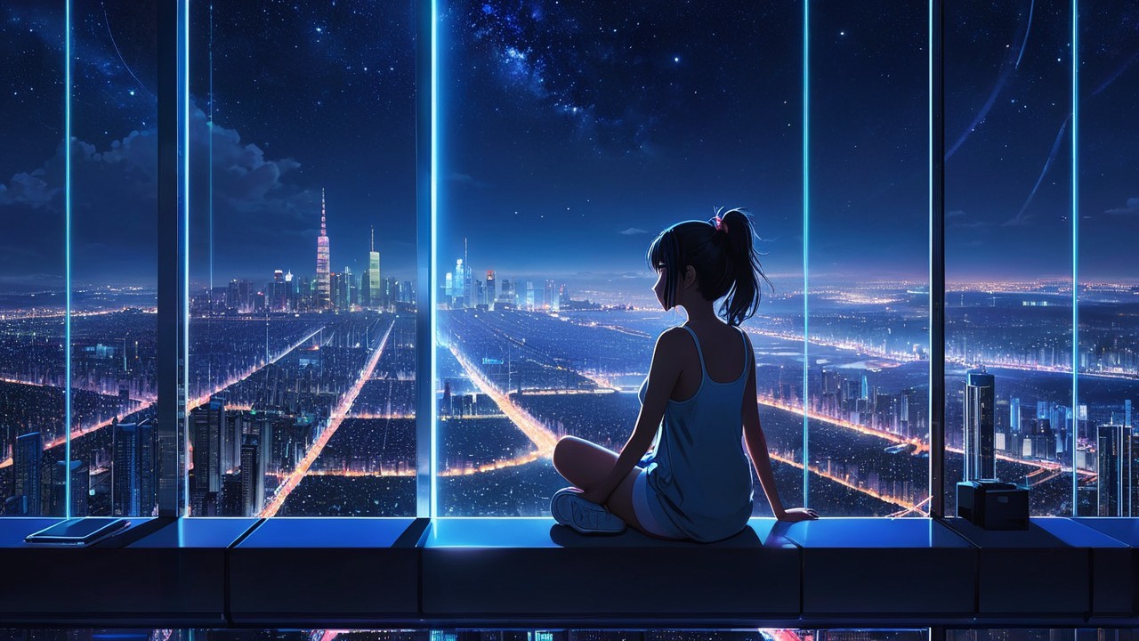 Young girl gazes at a futuristic illuminated cityscape