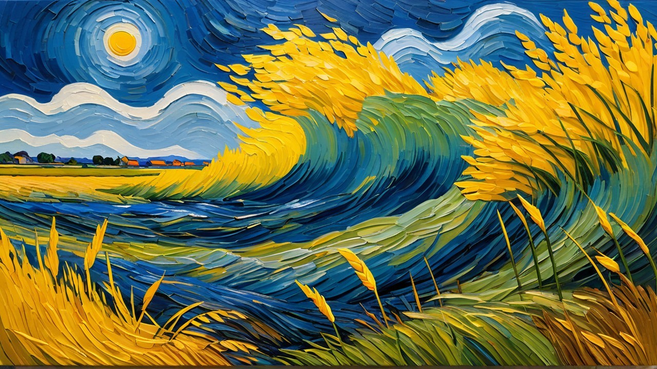 Vibrant Landscape of Wheat Fields and Blue Waves
