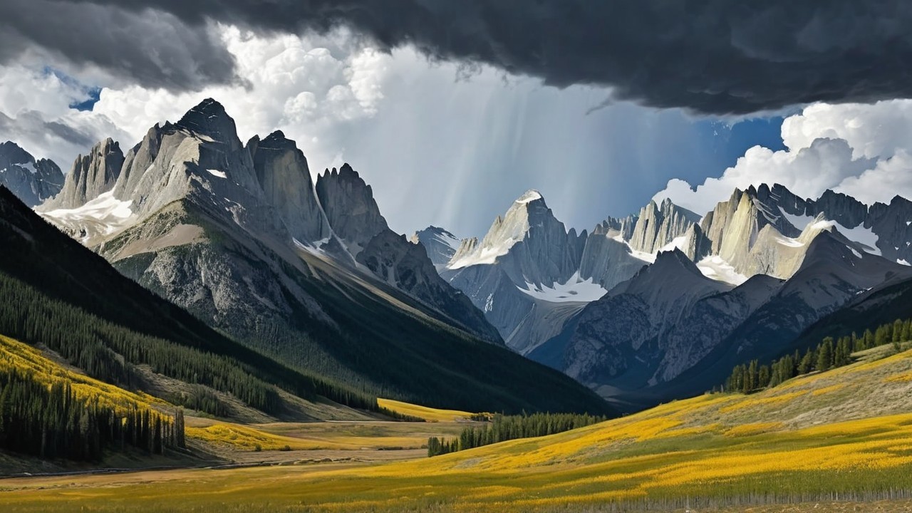 Mountain Landscape with Snowy Peaks and Wildflowers
