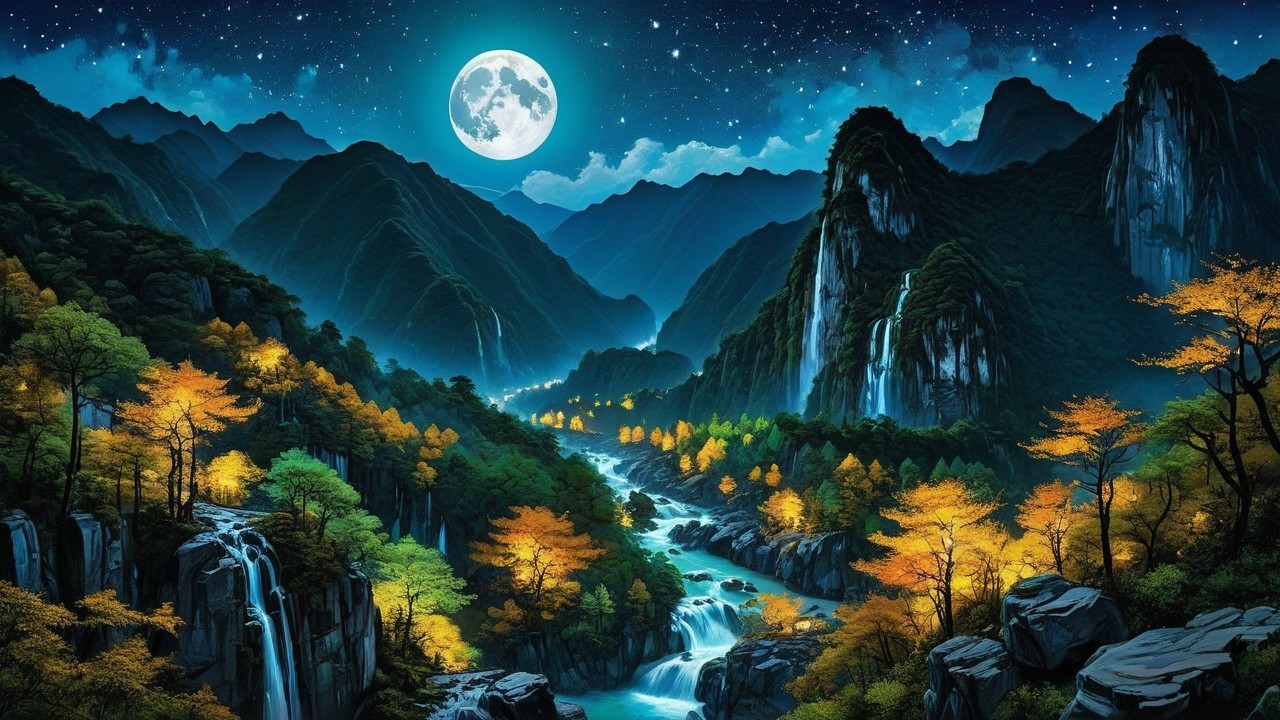 Mystical Night Landscape with Mountains and River