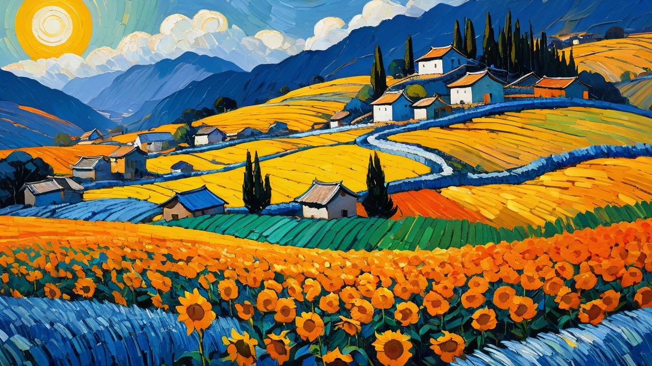 Colorful Expressionistic Painting of a Hillside Village