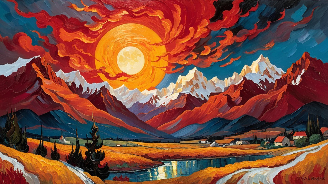 Vibrant Landscape Painting of Mountains and River