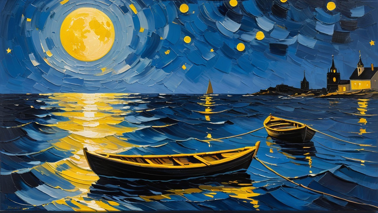 Impasto Oil Painting of Boats Under Full Moonlight
