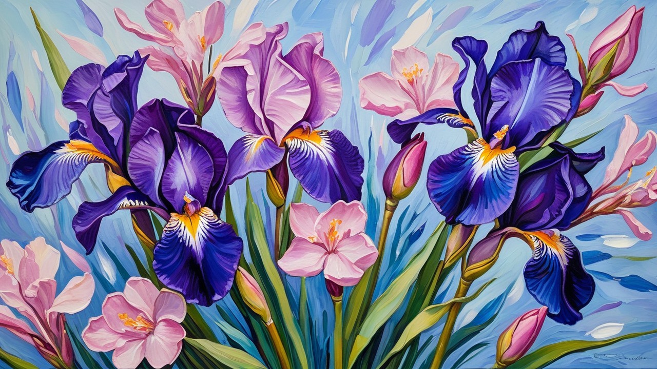 Vibrant Bouquet of Irises and Pink Flowers on Blue