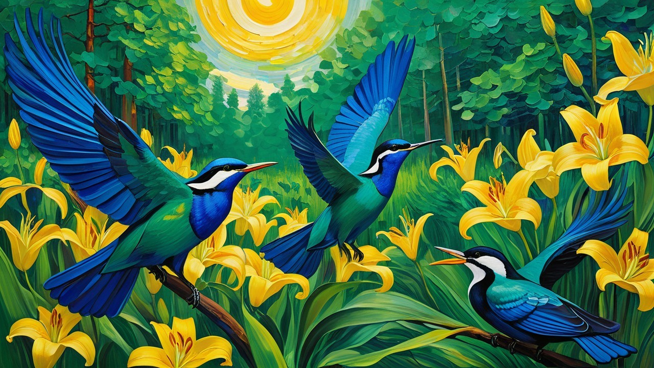 Vibrant Painting of Birds and Lily Flowers in Nature