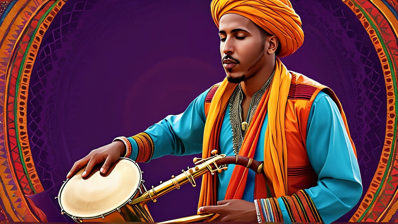 Musician in Traditional Attire Playing Hand Drum
