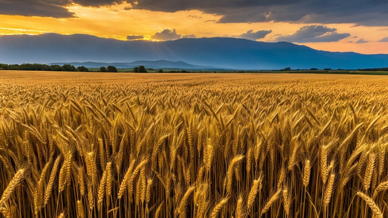 Golden Wheat Field at Sunset Under Dramatic Sky