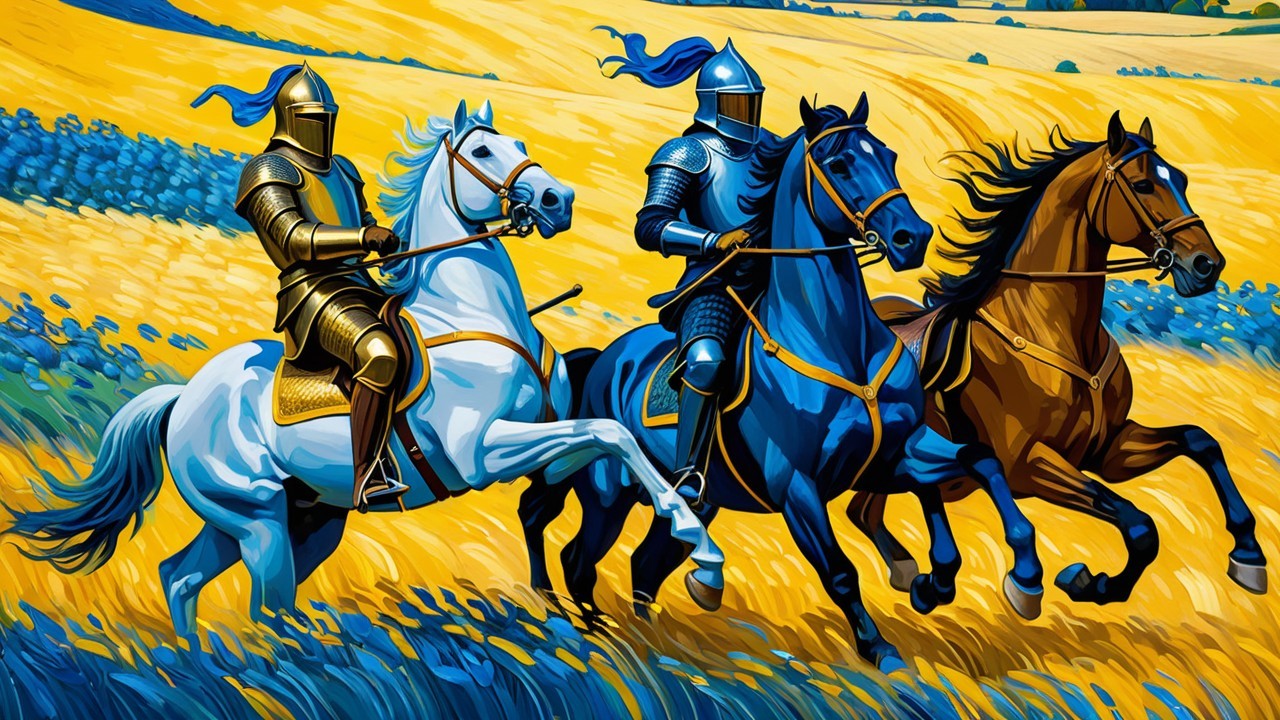 Armored Knights Riding Through Vibrant Golden Fields