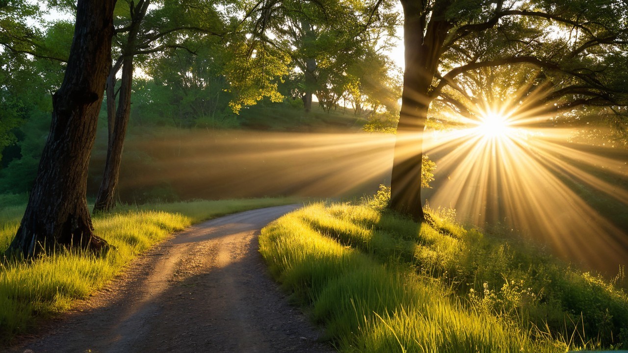 Tranquil Forest Path with Sunlight and Greenery