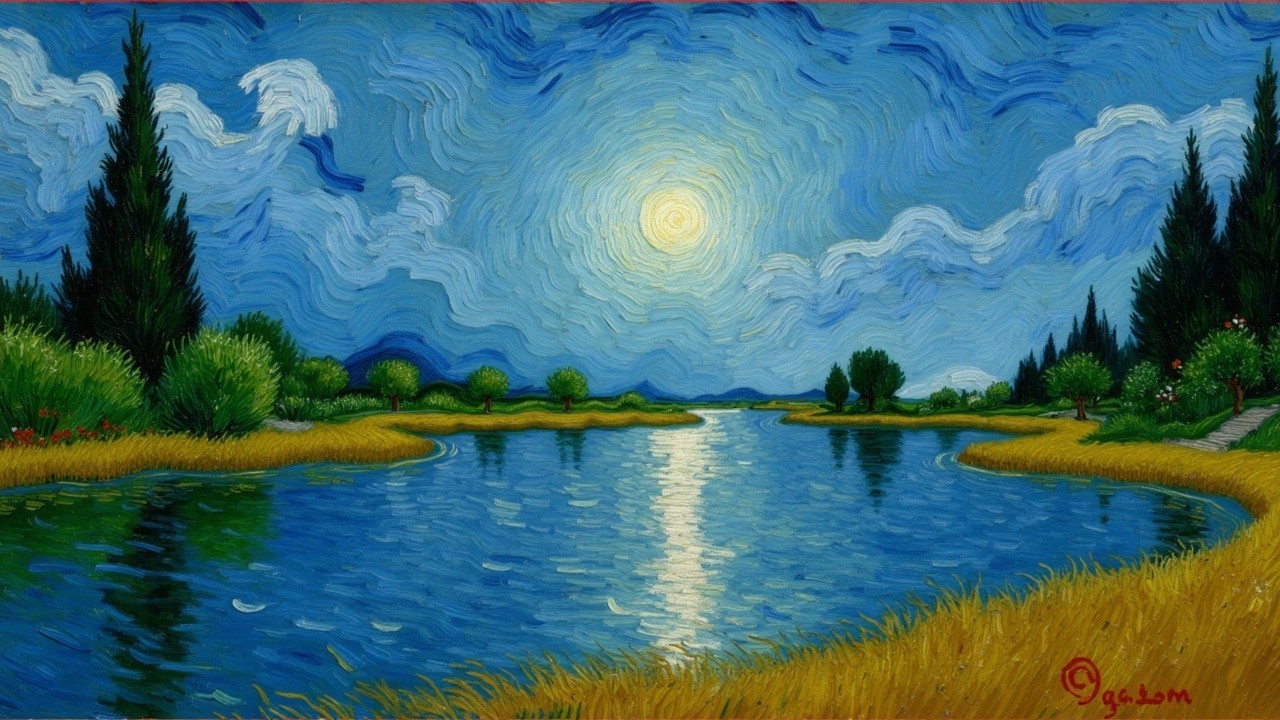 Tranquil River Landscape with Lush Greenery and Sky