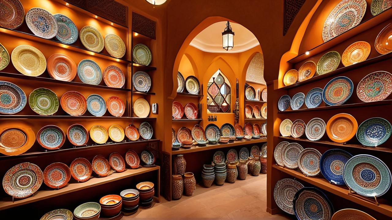 Decorative Pottery Display in Warmly Lit Room