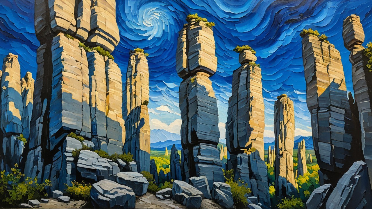 Impressionistic Landscape with Geometric Rock Formations