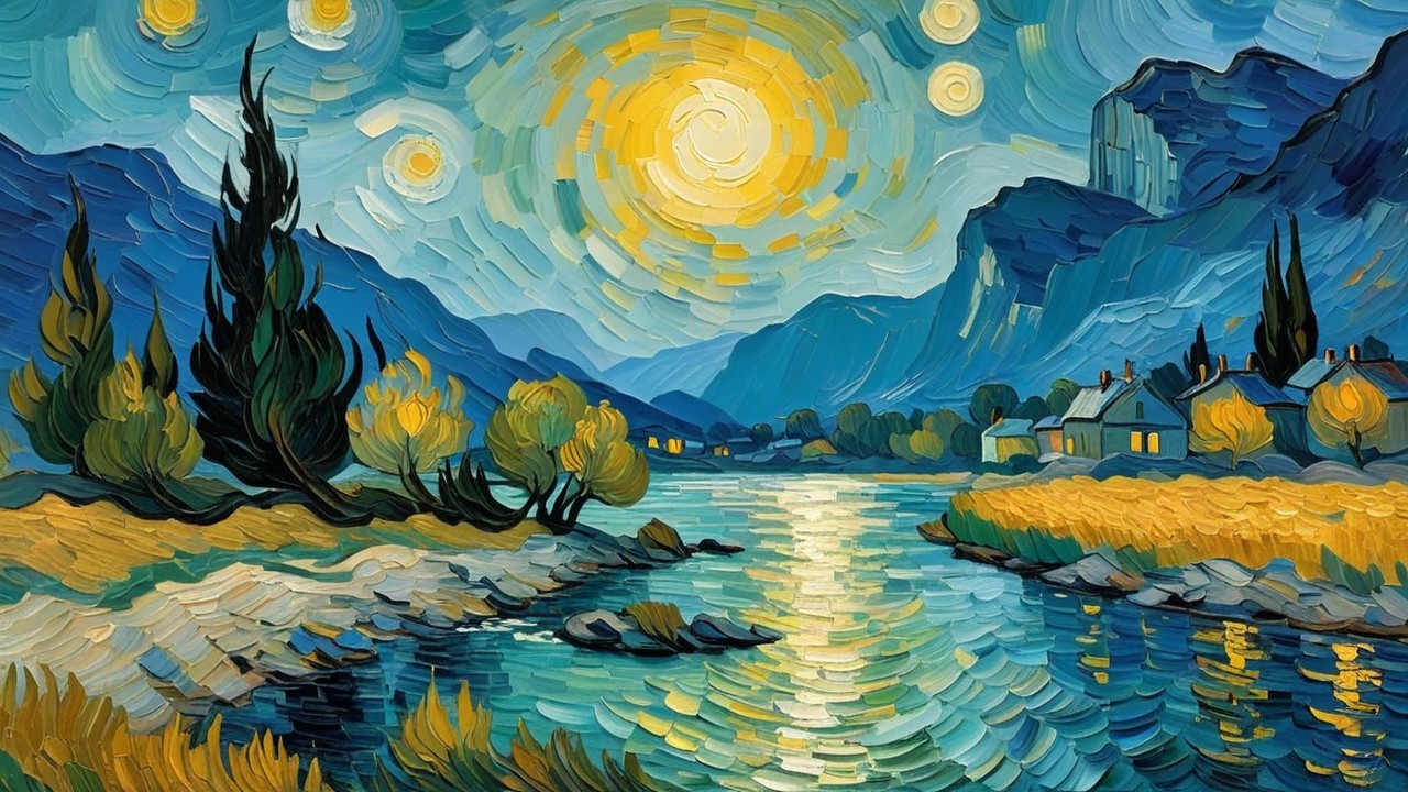 Vibrant landscape painting of a serene river scene