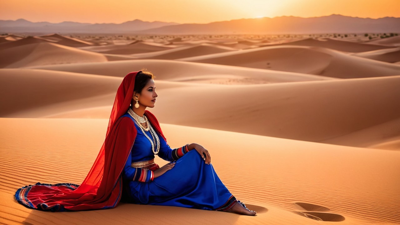 Woman in traditional attire in desert at sunset