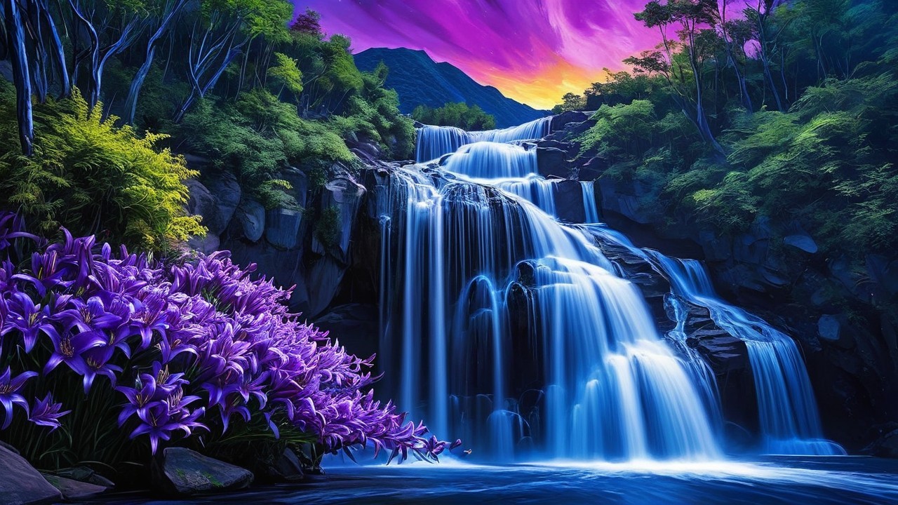 Surreal Landscape with Multi-Tiered Waterfall and Flora