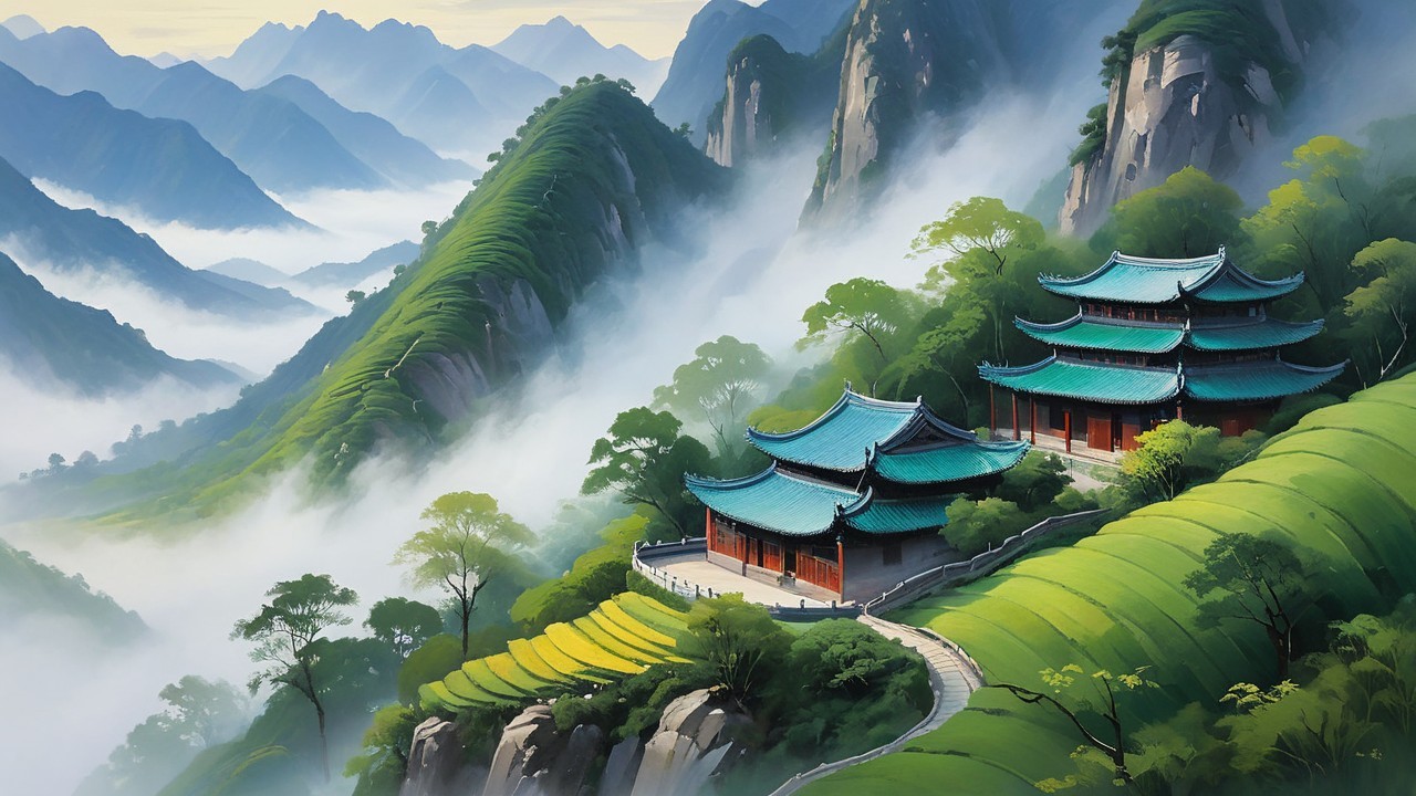 Ancient Pagodas and Terraced Fields in Mountain Landscape