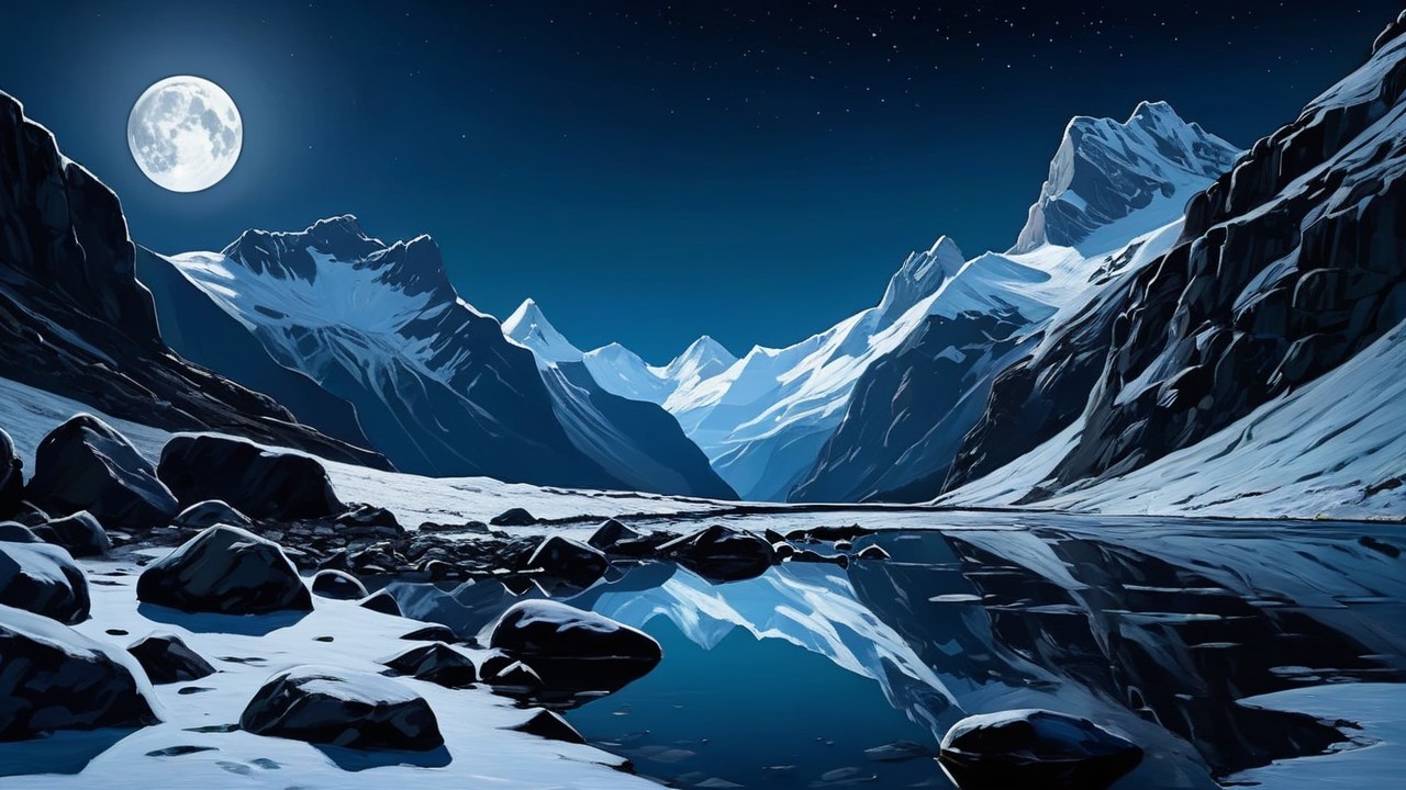 Moonlit Mountain Landscape with Snowy Peaks and River