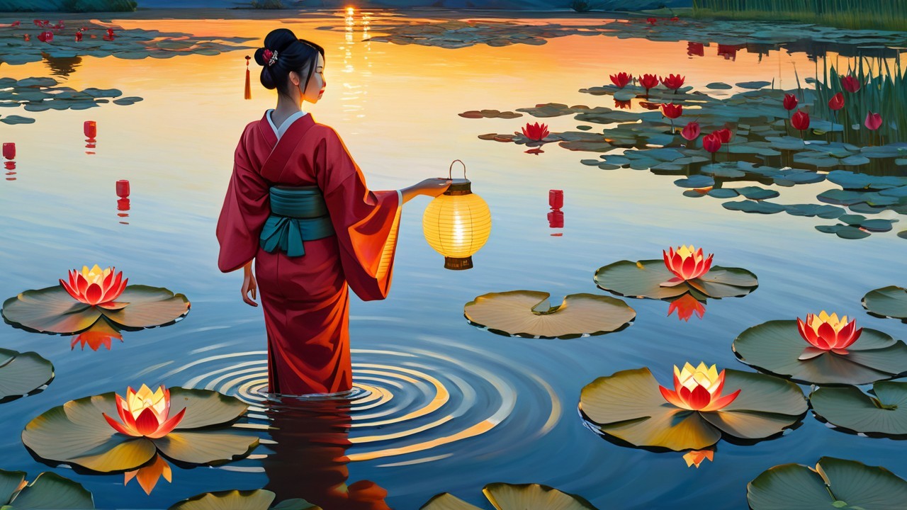 Woman in red kimono by tranquil pond at sunset