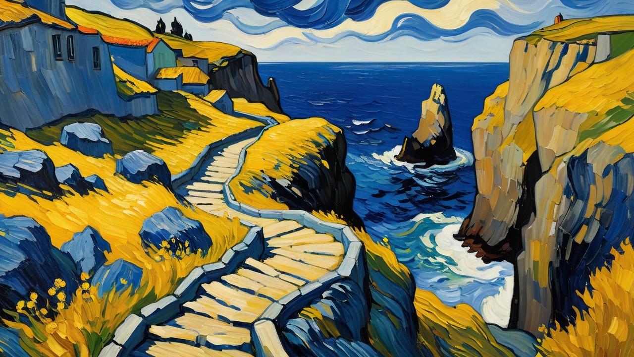 Vibrant coastal village painting with textured brushstrokes