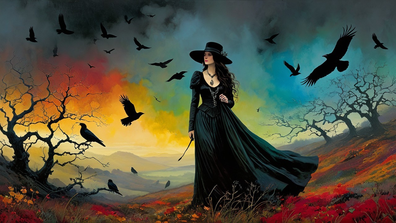 Mysterious Woman in Black Gown Against Vibrant Sky