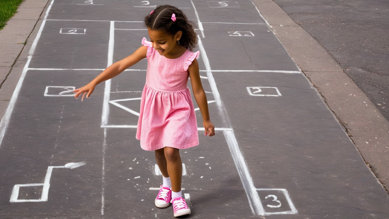 Young Girl in Pink Dress Playing Hopscotch on Asphalt
