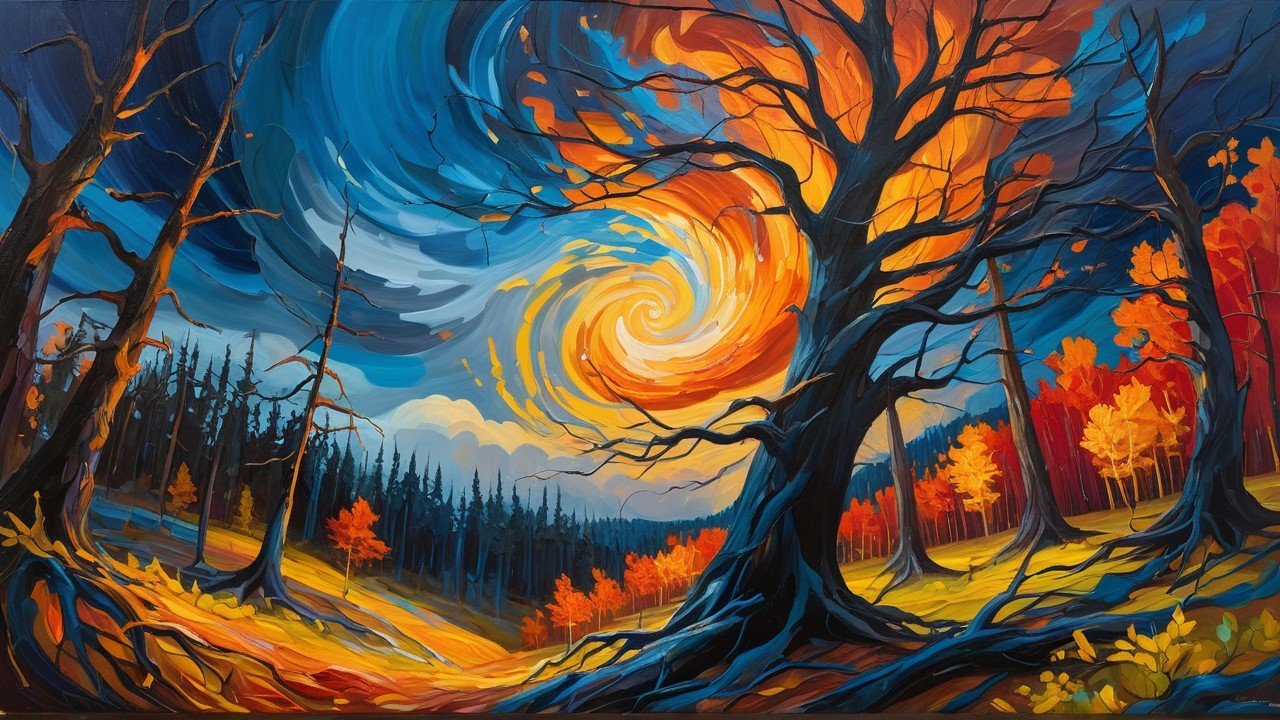Vibrant Landscape with Twisted Trees and Colorful Sky