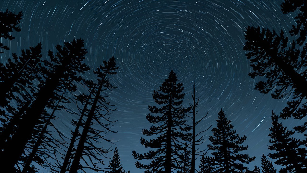 Night Sky with Star Trails and Silhouetted Trees