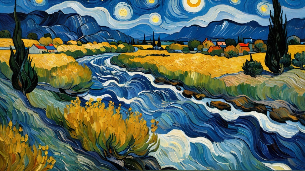 Vibrant Night Landscape with River and Fields