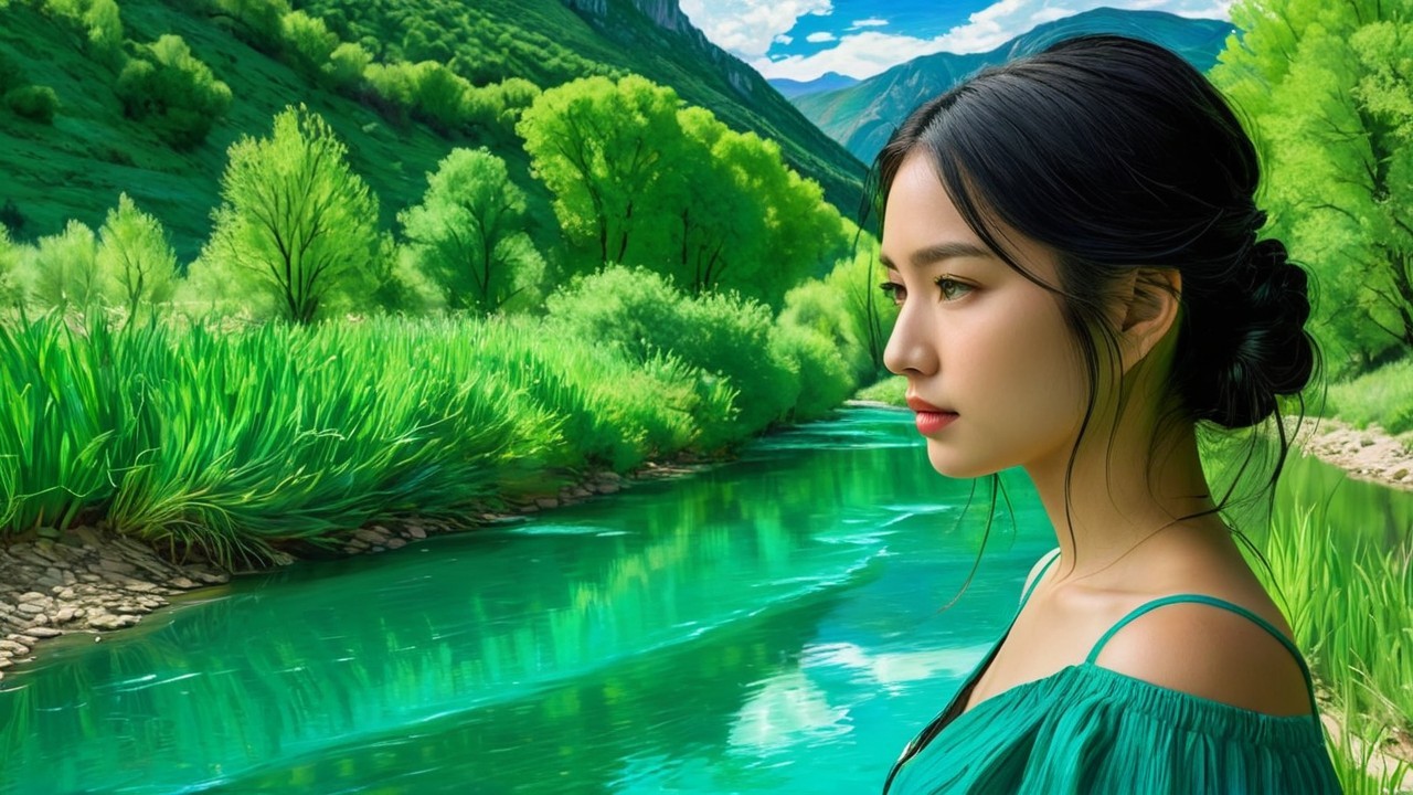 Serene Woman by Vibrant Turquoise River and Mountains