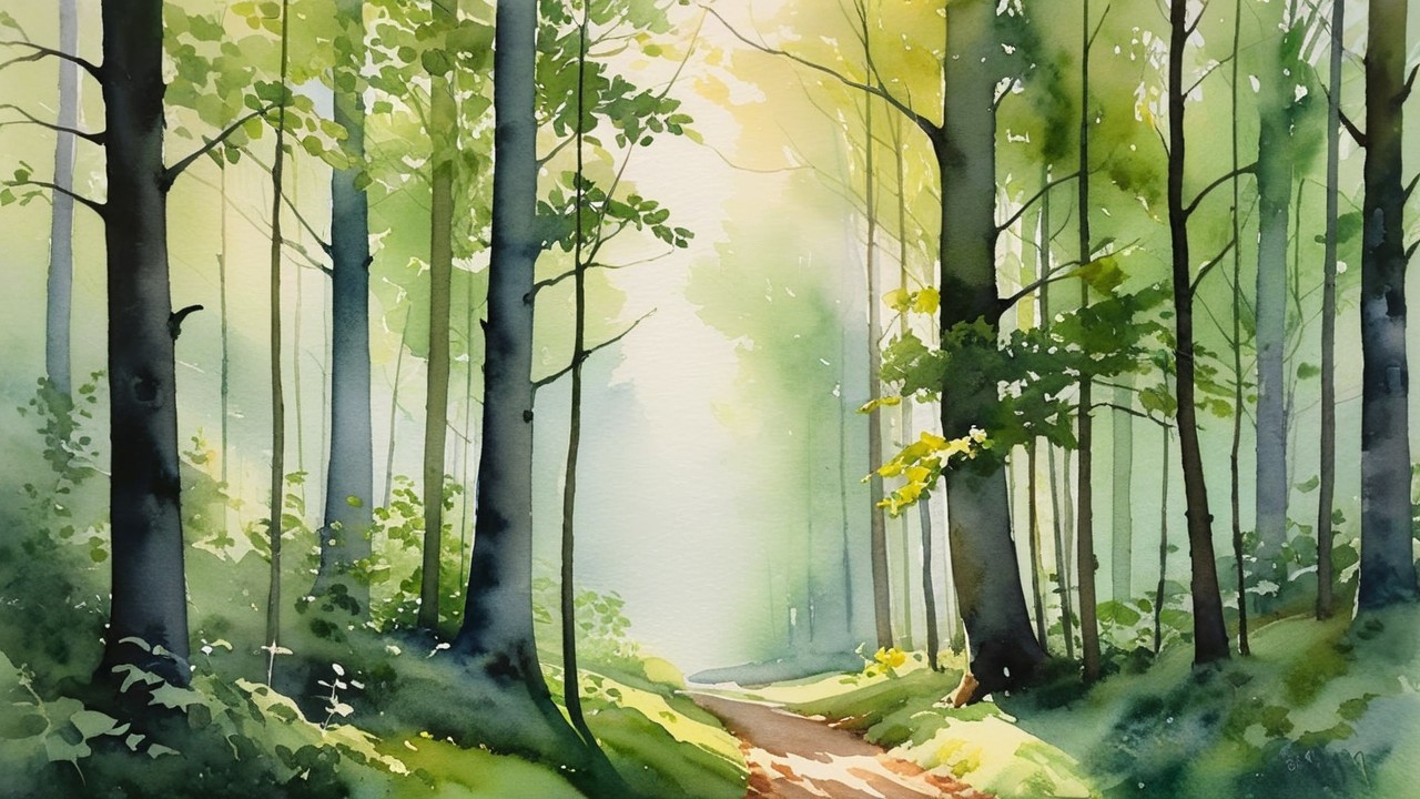 Watercolor Forest Scene with Sunlit Path and Trees